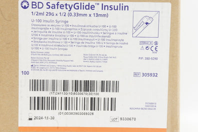BD 305932 Safety Glide Insulin 1/2ml 29G x 1/2inch - Case of 100